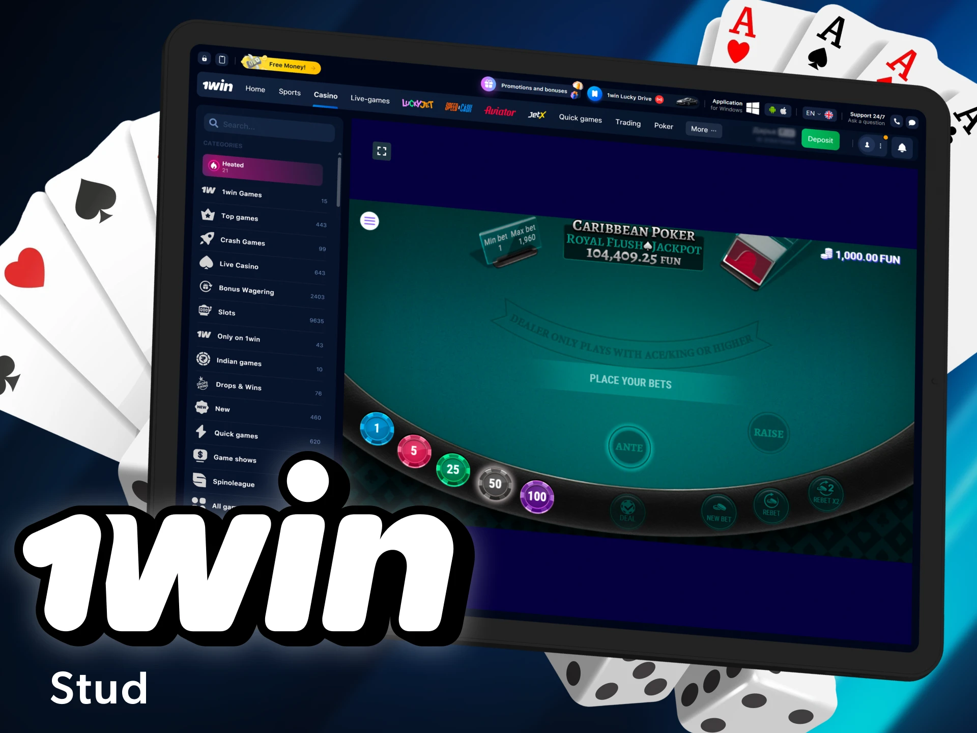 Try yourself in the stud version of poker in the 1win casino.