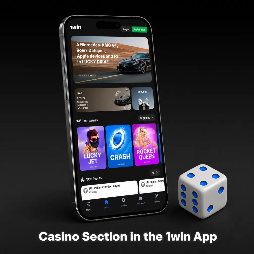 Casino section in the 1win mobile app showing game categories