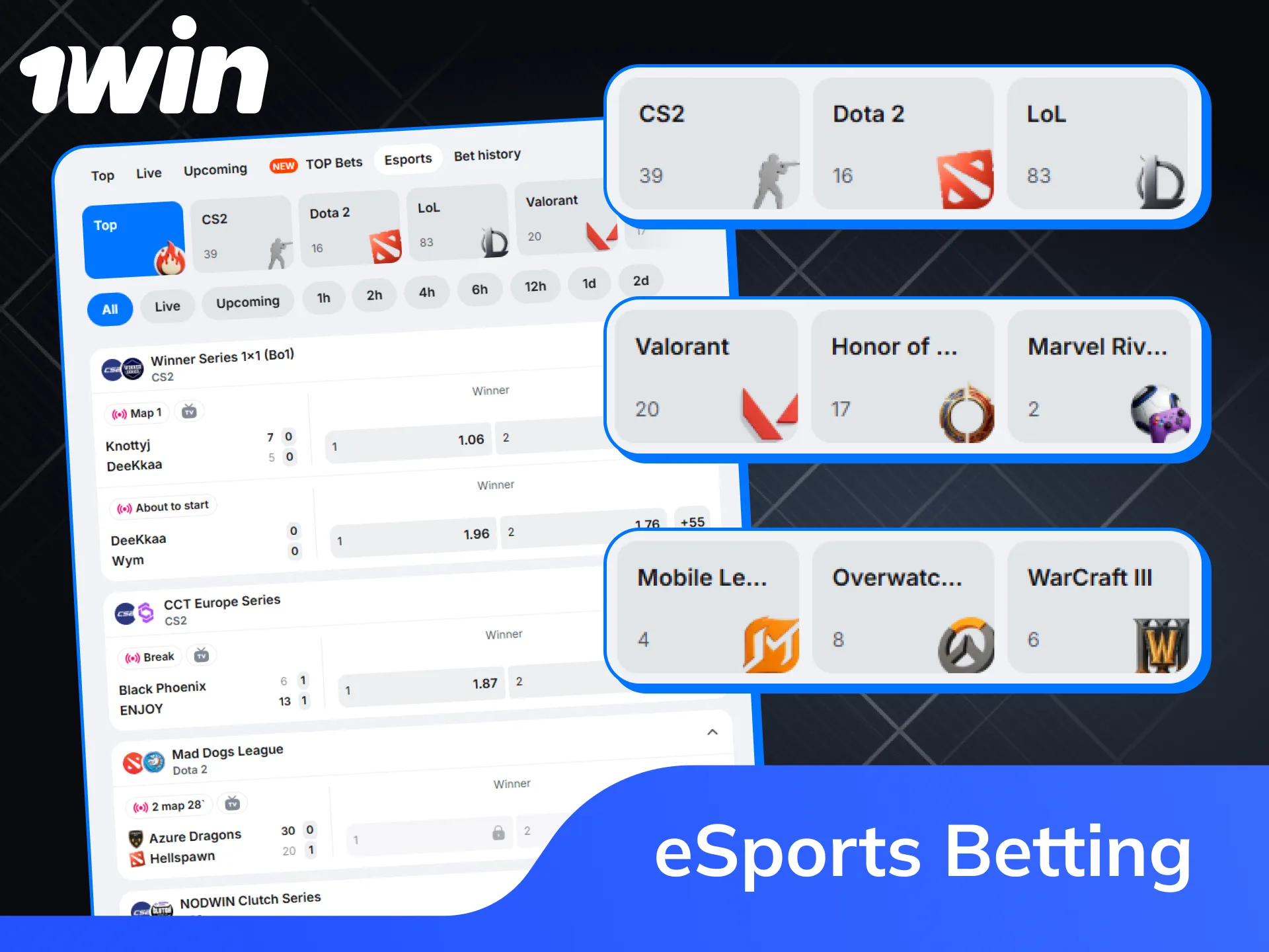eSports betting on 1win covering Dota 2, CS2, League of Legends, Valorant and StarCraft II tournaments