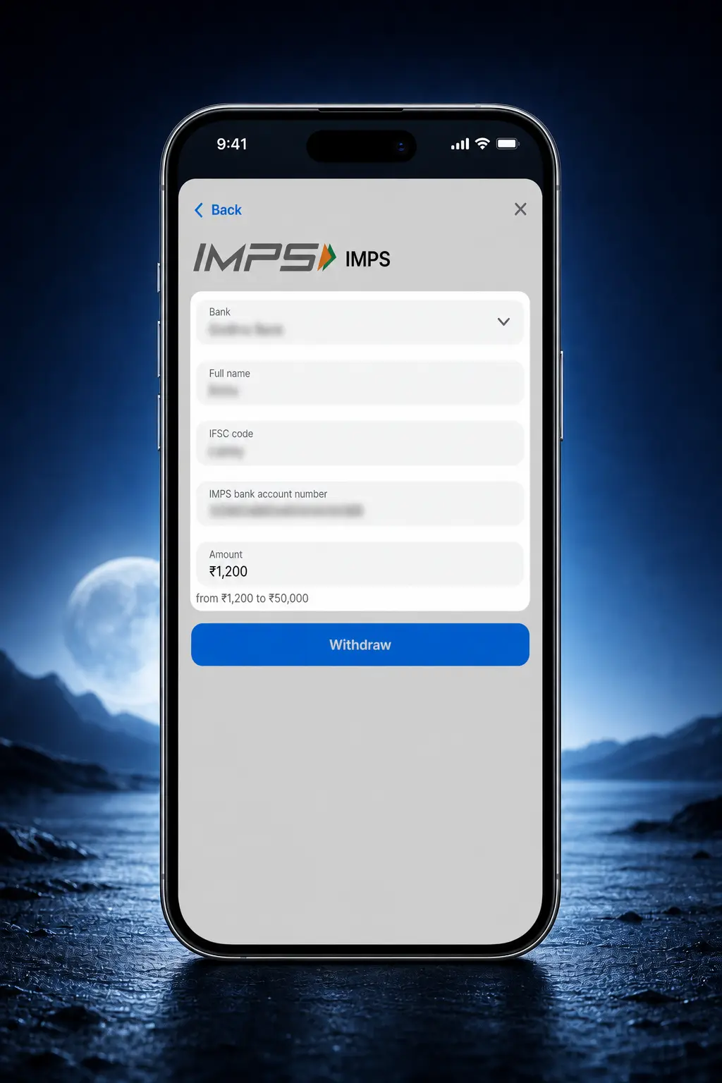 Enter withdrawal amount and details on 1win